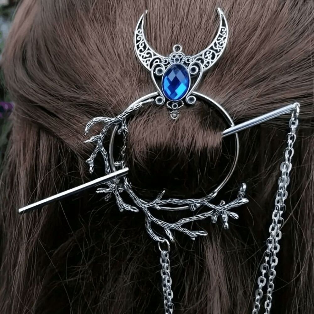 Wicked Silk Gothic Forest Silver Crescent moon hairbun hairpin